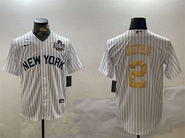 Men's New York Yankees #2 Derek Jeter White/Gold 2024 World Series Cool Base Stitched Baseball Jersey Men's New York Yankees #2 Derek Jeter White/Gold 2024 World Series Cool Base Stitched Baseball Jersey